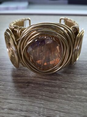 Gold Wire Cuff Bracelet with Amber-Tone Crystal Center